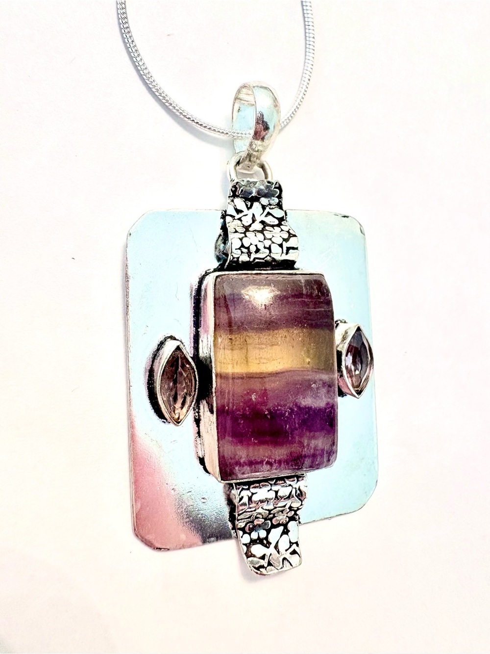 Gorgeous,2 inch, 925 marked, Fluorite and Morganite pendant on a silver chain